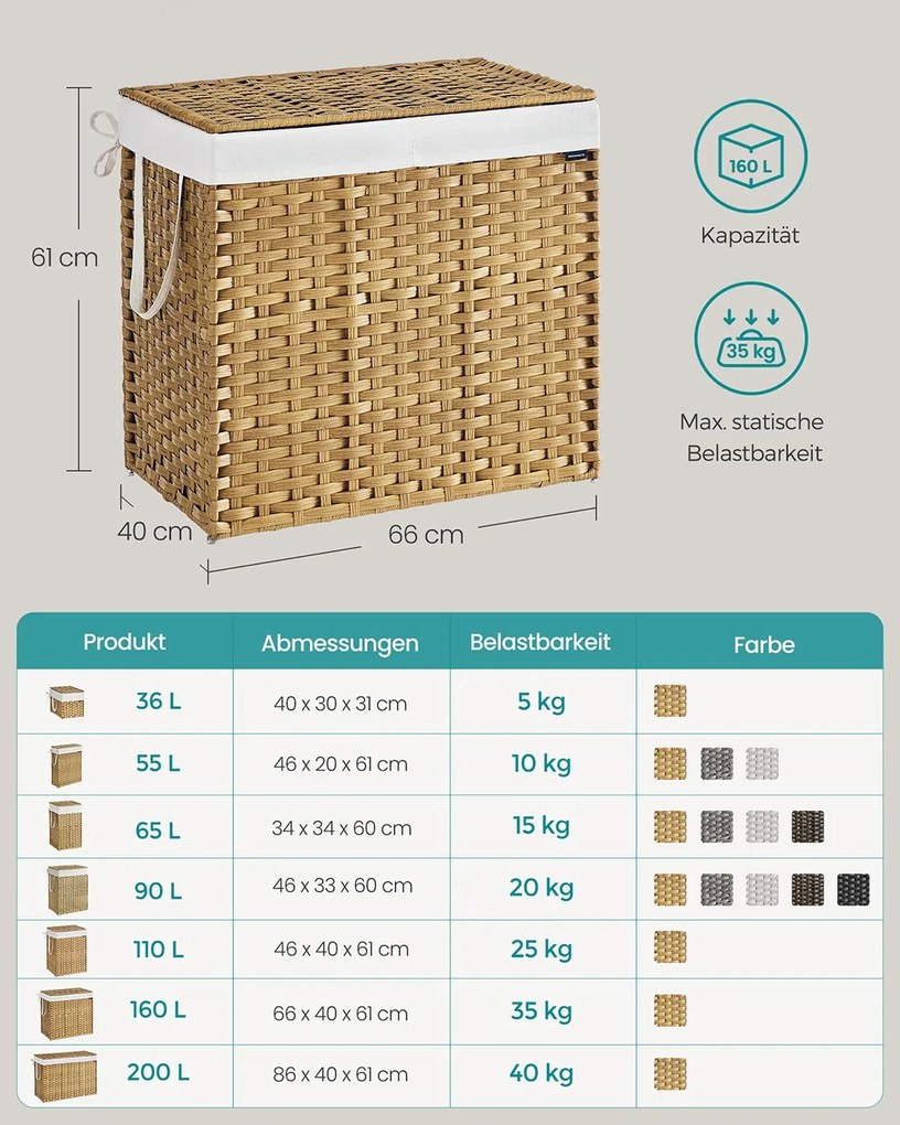 Cesto para roupa suja 66 x 40 x 61 cm em rattan sintético com 2 compartimentos, cor natural