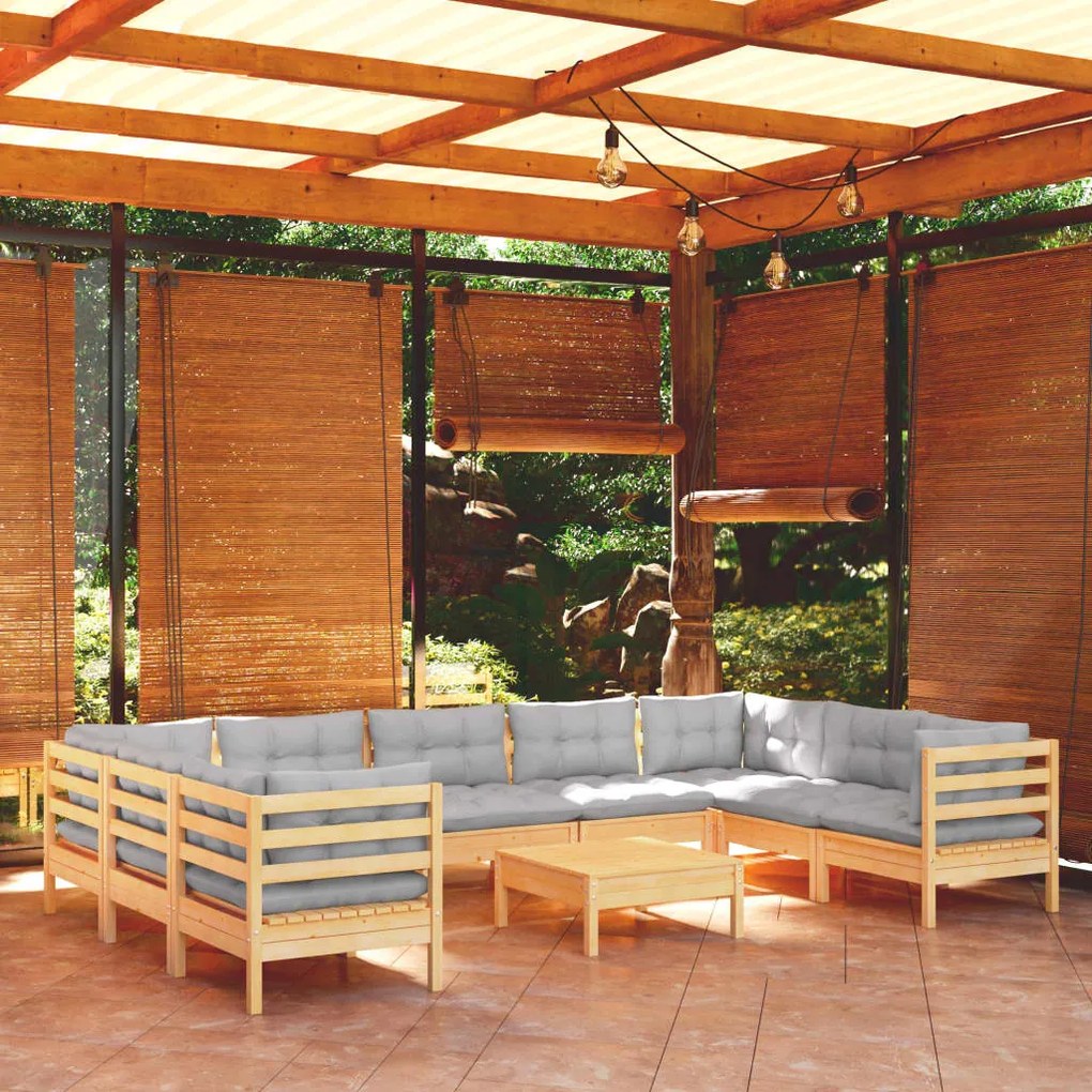 vidaXL 10 pcs conjunto lounge de jardim c/ almofadões cinza pinho