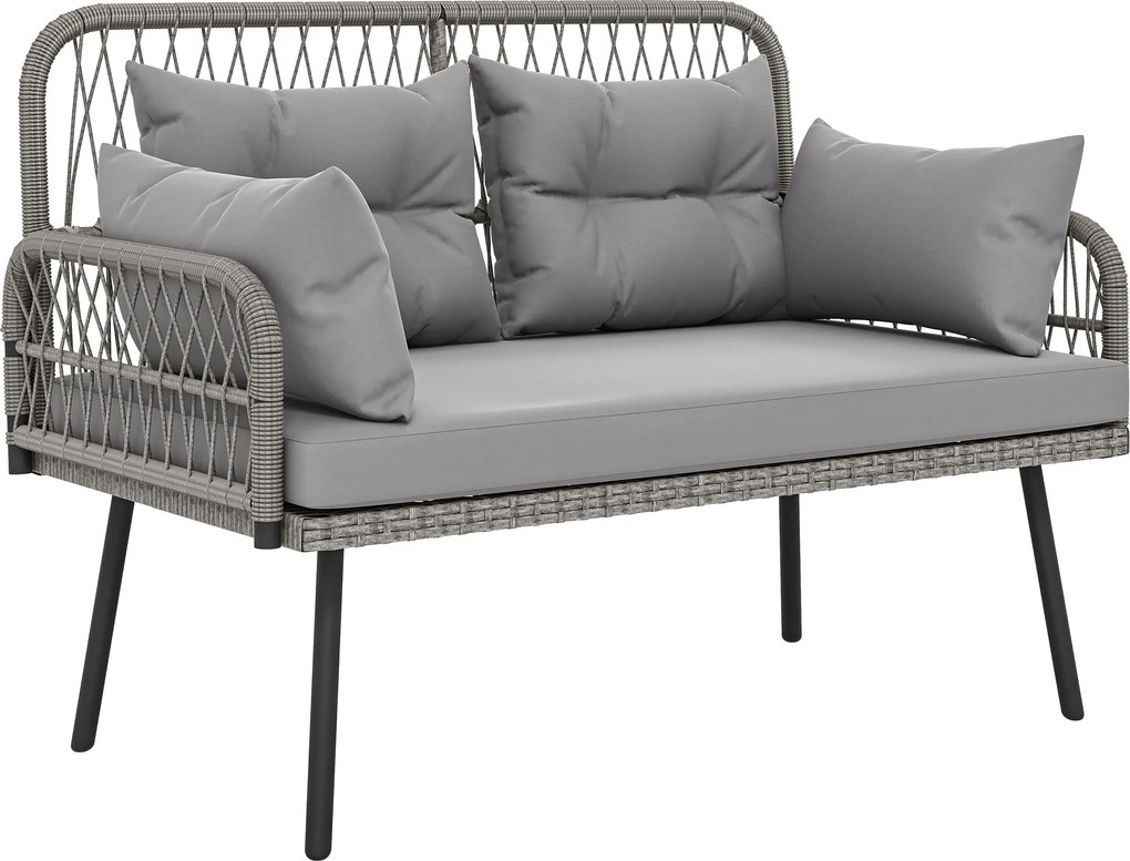 Outsunny Sofá de jardim com almofadas e travesseiros 2 lugares em rattan trançado, sofá de exterior com apoios de braço cinza escuro | Aosom Portugal