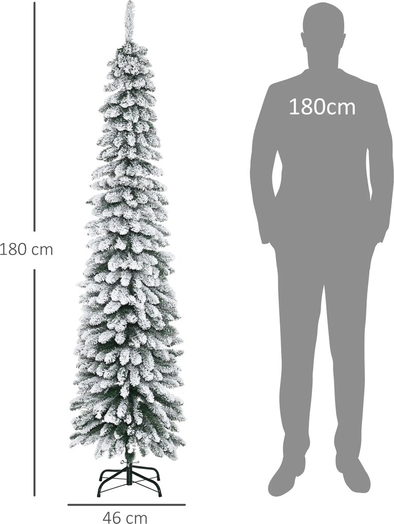 Árvore de Natal Estreita Nevada 180 cm com 395 Ramos e Suporte Metálico Dobrável para Sala de Estar, Interior, Verde