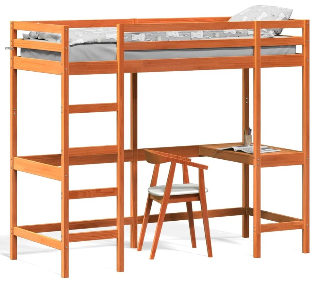 vidaXL Cama alta com secretária 75x190 cm pinho maciço castanho-mel