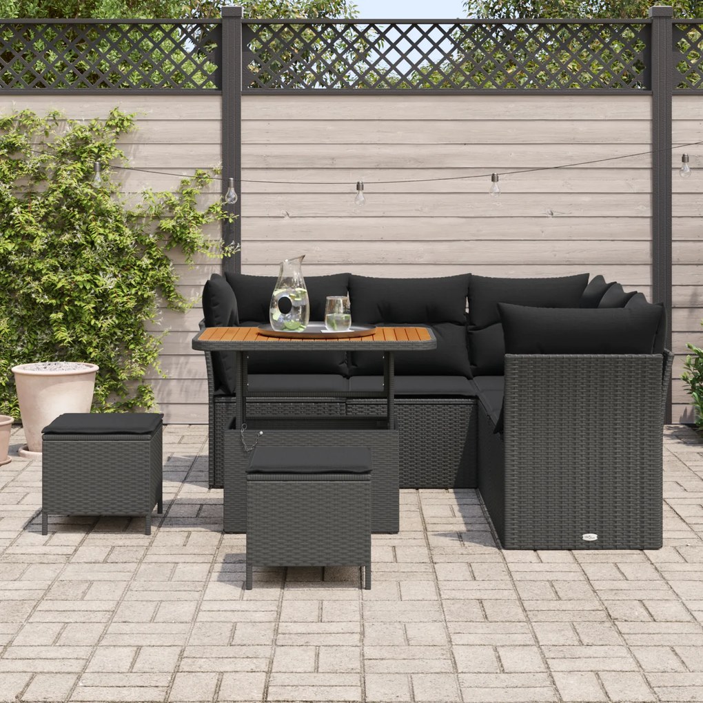 Conjunto de Sofá de Jardim de 8 Peças com Almofadas em Vime Preto Acác