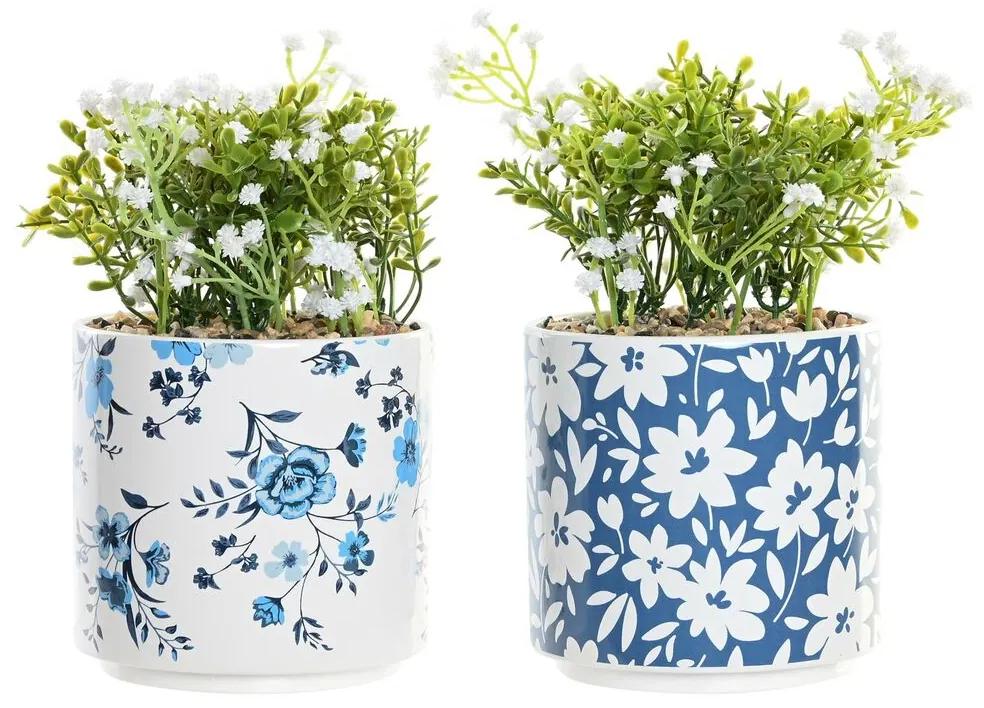 Planta Decorativa DKD Home Decor Vaso Porcelana Azul Branco Verde PE (13.5 x 13.5 x 25 cm) (2 Unidades)
