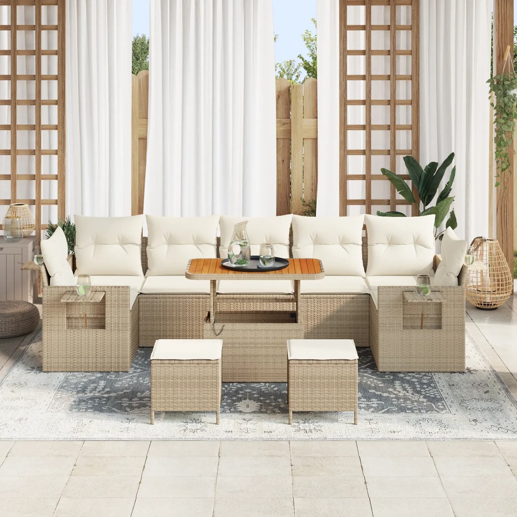 Conjunto de Sofá de Jardim de 10 Peças com Almofadas Bege Rattan Natur