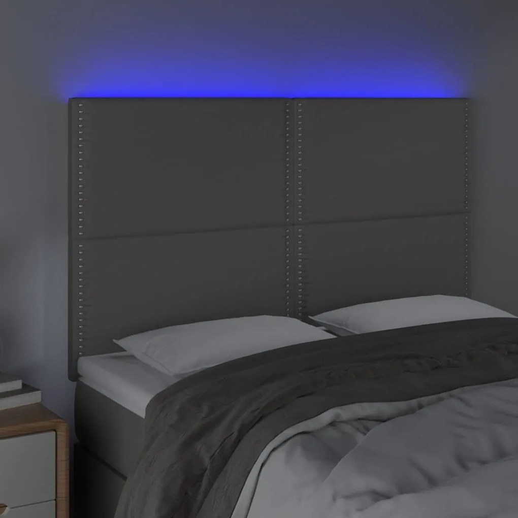 Cabeceira cama c/ LED couro artif. 144x5x118/128 cm cinzento