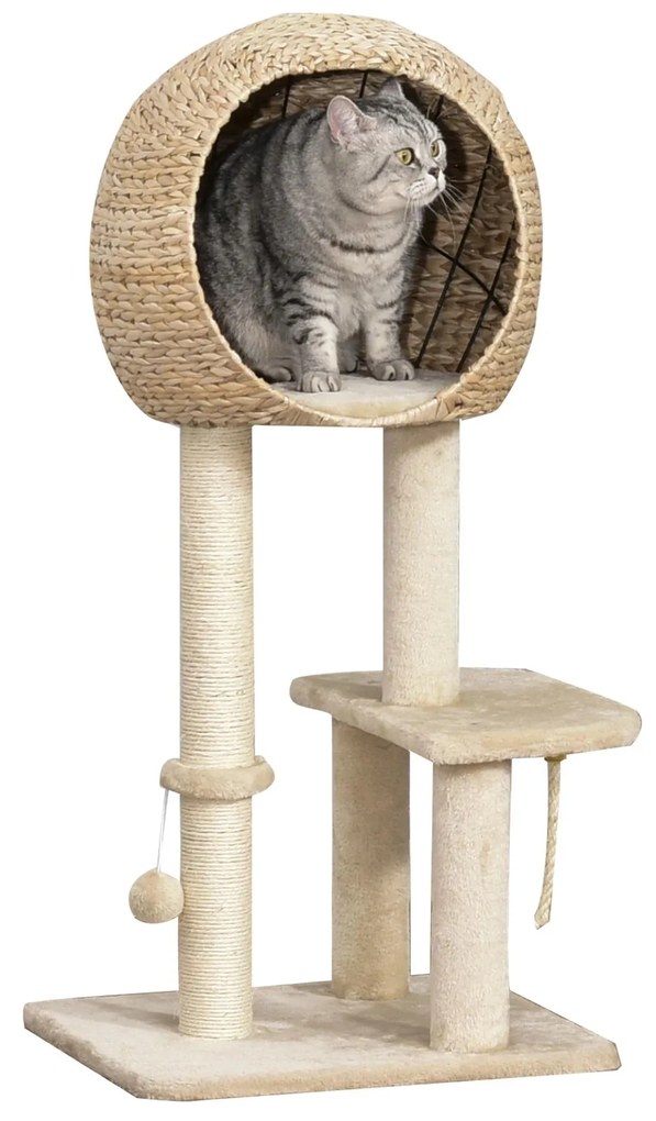 PawHut Arranhador Vertical Felinos Plataformas Caverna Brincar Poste Sisal Resistente 48x40x100cm Bege Confortável Durável | Aosom Portugal