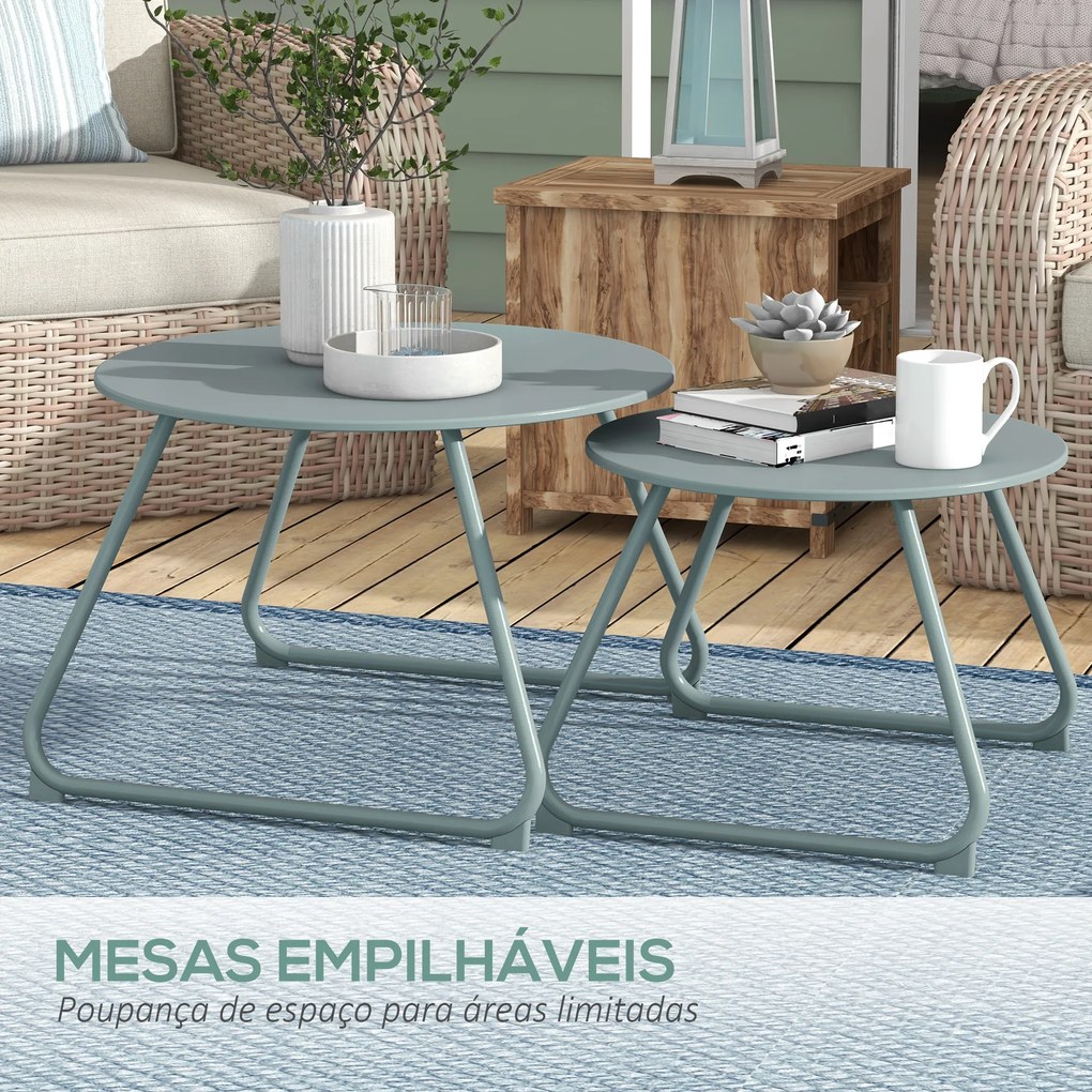 Conjunto de 2 Mesas de Jardim Empilháveis Mesas Auxiliares de Jardim Redondas com Estrutura de Metal e Revestimento Epóxi Azul