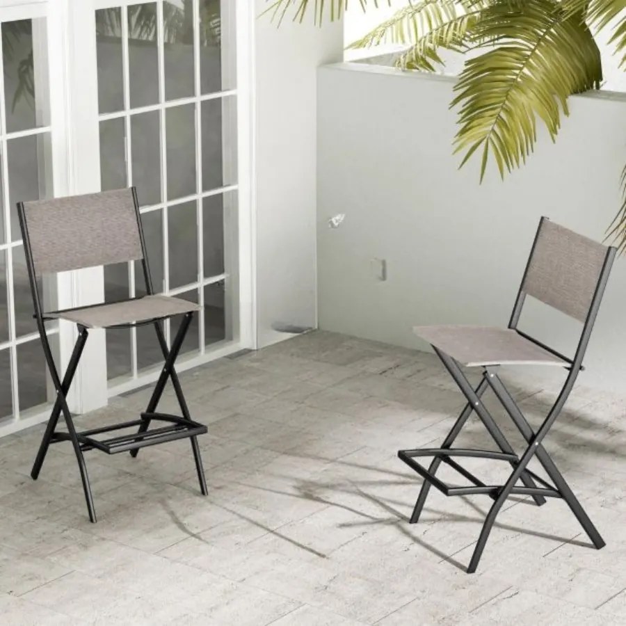Conjunto de 2 cadeiras jardim altas dobráveis com estrutura metálica e apoio para os pés para varanda, jardim e piscina Capacidade de carga de 150 kg