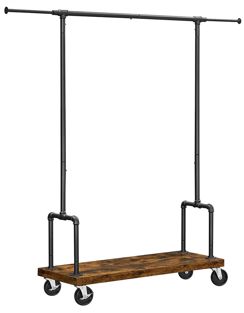 Cabideiro VASAGLE, cabideiro resistente com trilho extensível, prateleira e rodas, design industrial em tubo, marrom rústico e preto RGR110B01
