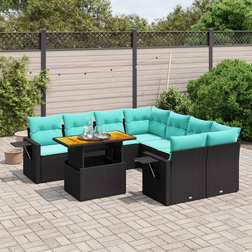 vidaXL 9 pcs conjunto de sofás p/ jardim c/ almofadões vime PE preto