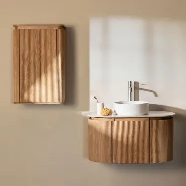 Conjunto De Móvel De Casa De Banho Suspenso 90x50 Cm Em Madeira Carsone Madeira Natural & Madeira Natural & Cerâmica Redonda Branca Ø40 - Sklum