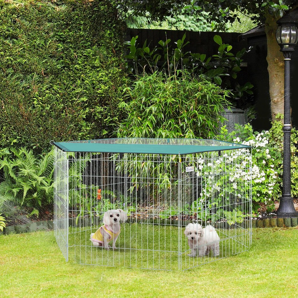 PawHut Parque para Animais de Estimação com 6 Painéis 59x60cm Dobrável Cerca para Animais de Estimação com Porta com Trava e Toldo Superior para Jardim Pátio Exterior Prata