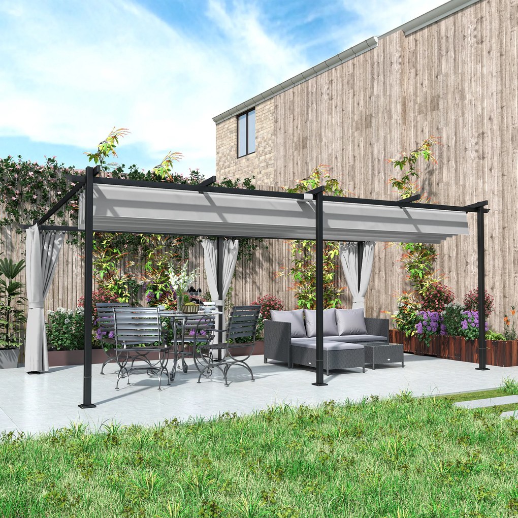 Pérgula de jardim para exterior 3 x 6 m, pérgula deslizante e retrátil com laterais, abrigo solar UPF30+, cinzenta