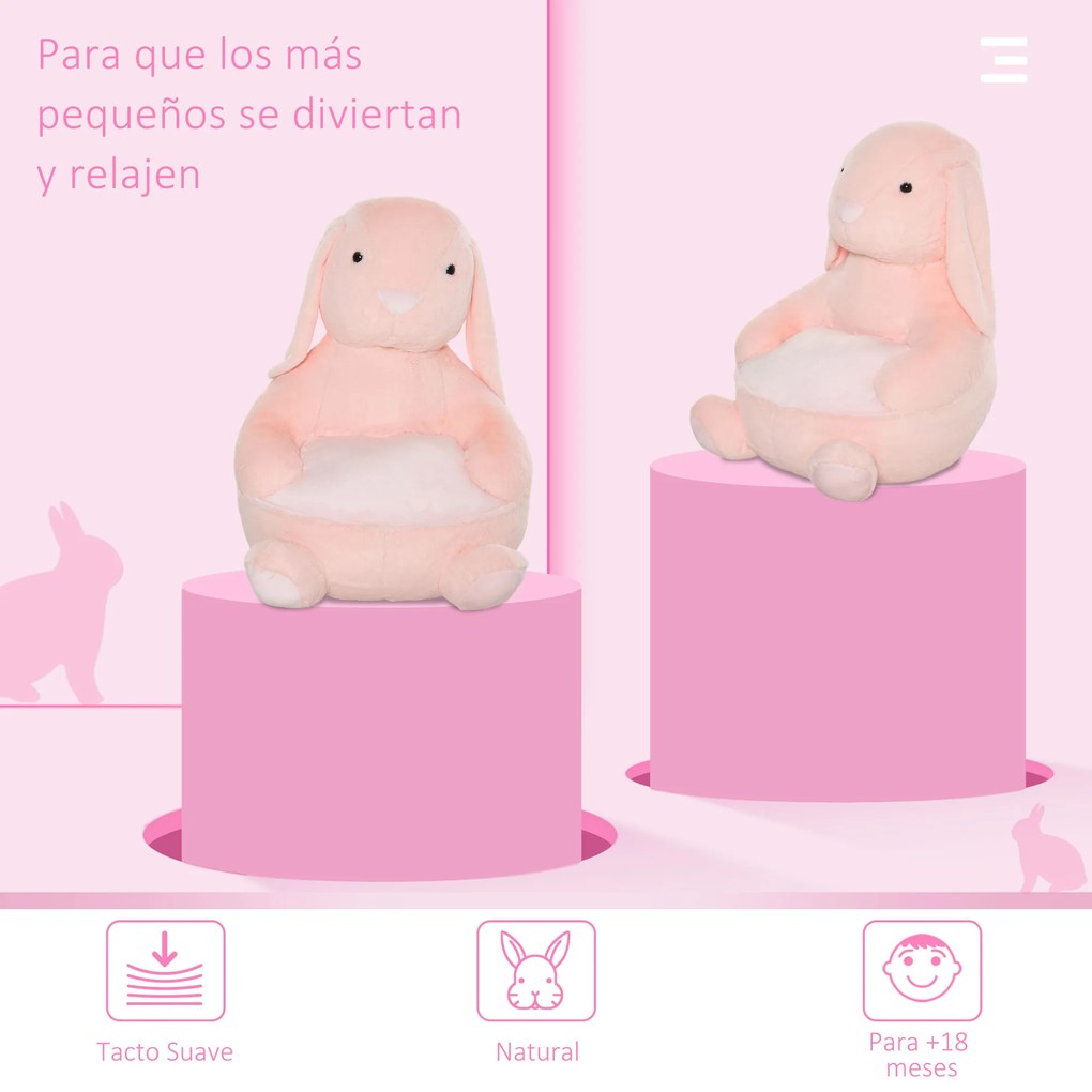 HOMCOM Sofá em forma de coelho para crianças acima de 18 meses com apoio de braços e almofada antiderrapante 60x50x59cm Rosa
