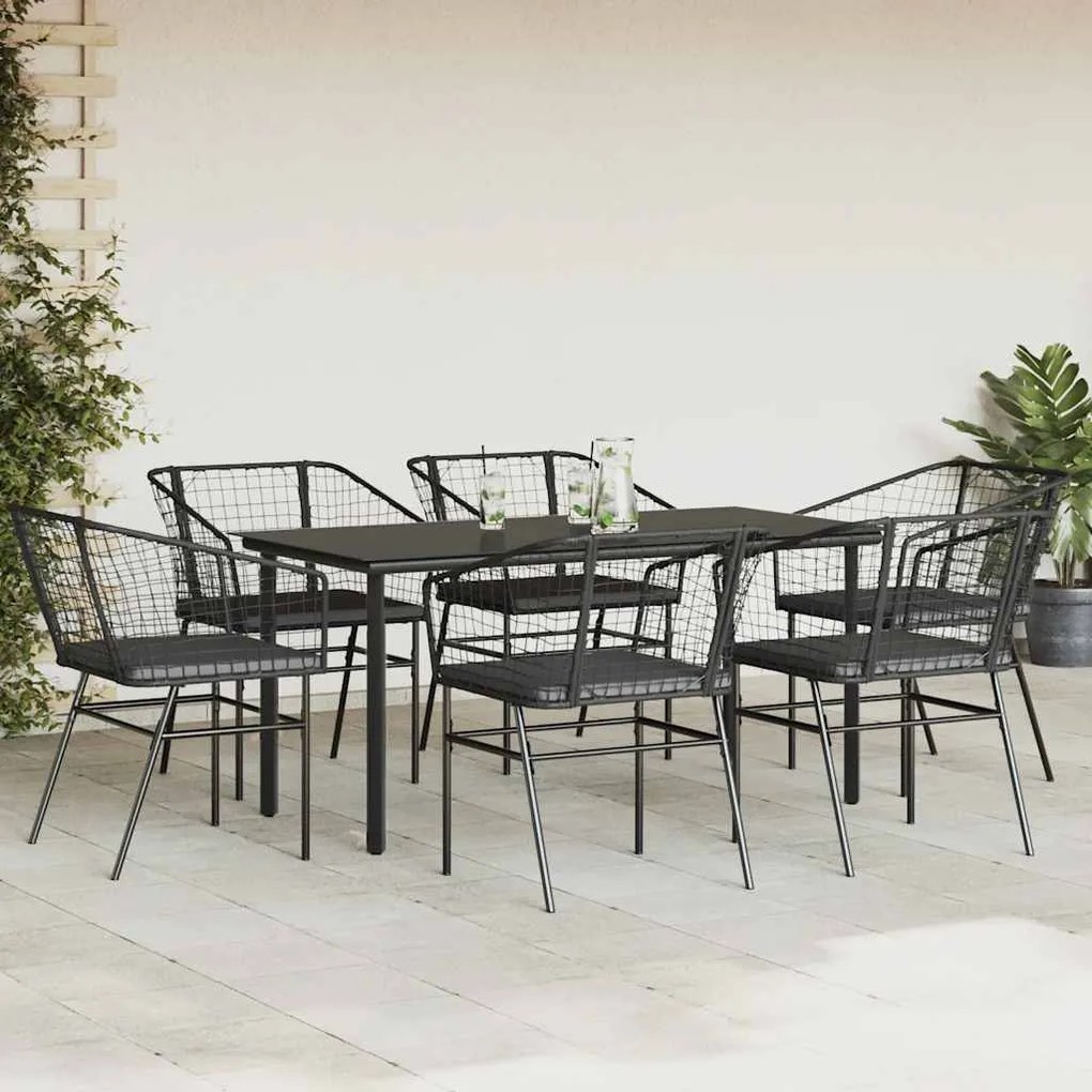 Conjunto de jantar jardim 7 peças almofadas vidro vime PE preto