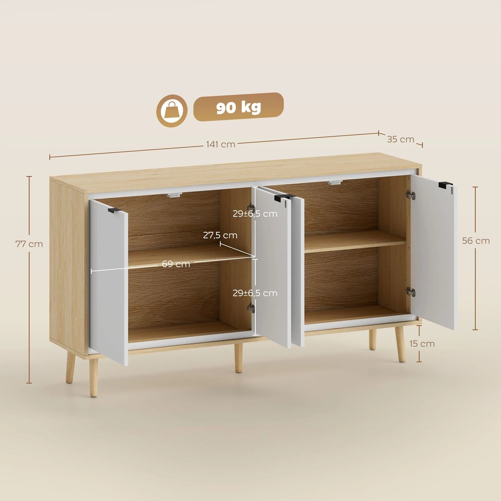 Aparador, móvel de arrumação com 4 portas 141 x 35 x 77 cm, prateleiras ajustáveis, branco e cor carvalho