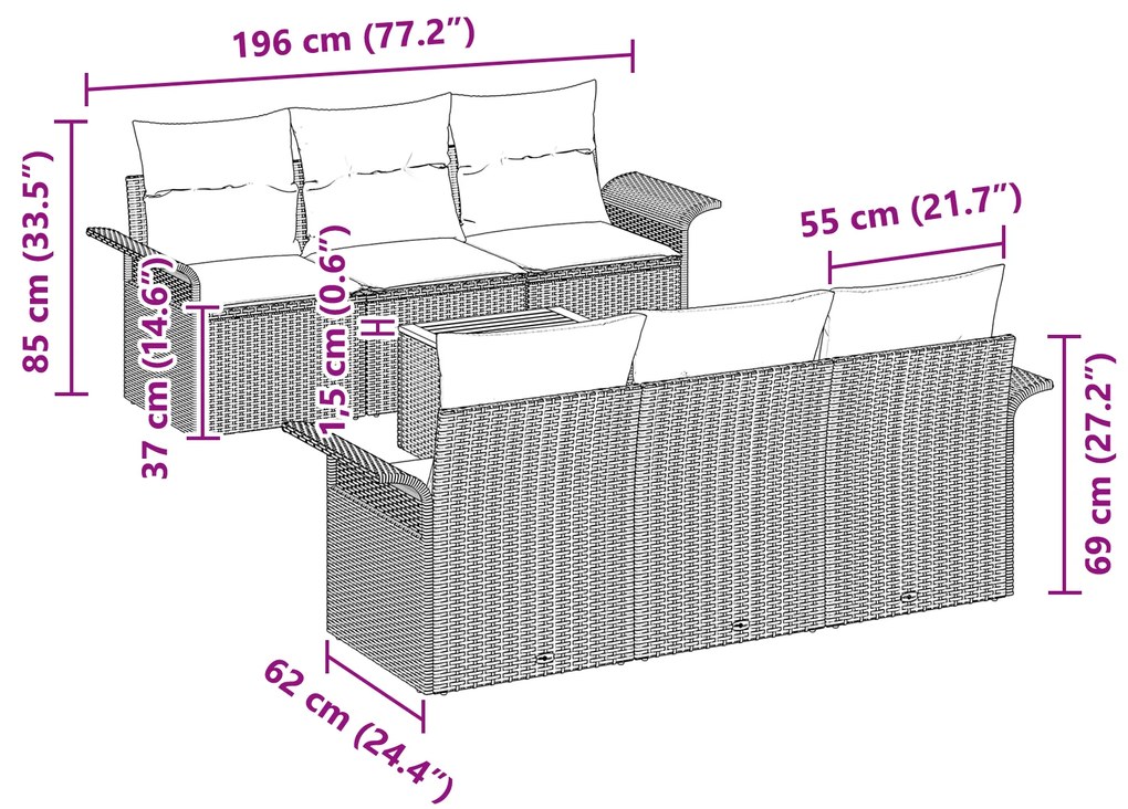 Conjunto de Sofá de Jardim 7 Peças com Almofadas Cinza de Rattan Polie