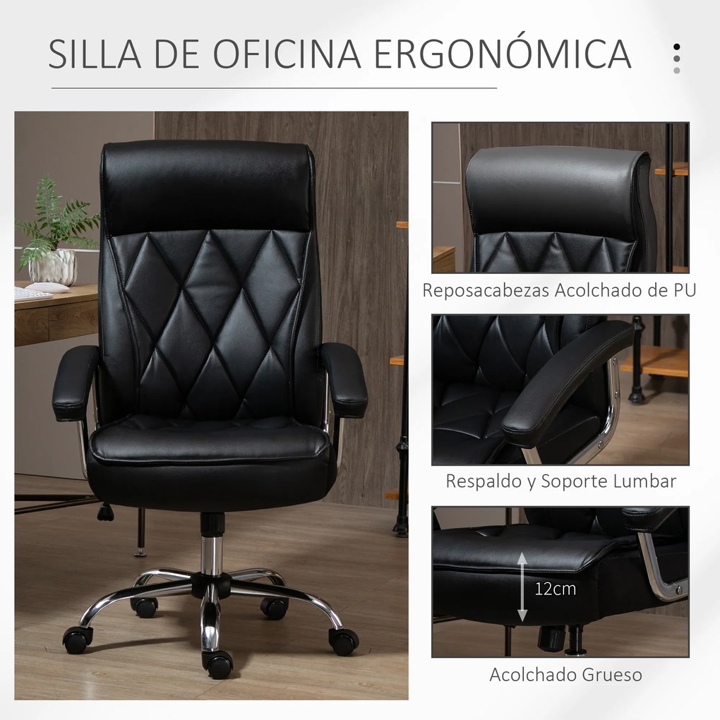 Vinsetto Cadeira de Escritório Ergonômica Cadeira de Escritório Giratória e Basculante com Altura Ajustável Encosto Alto e Apoio para a cabeça Acolchoado Pele Sintética 66x69x113-121cm Preto