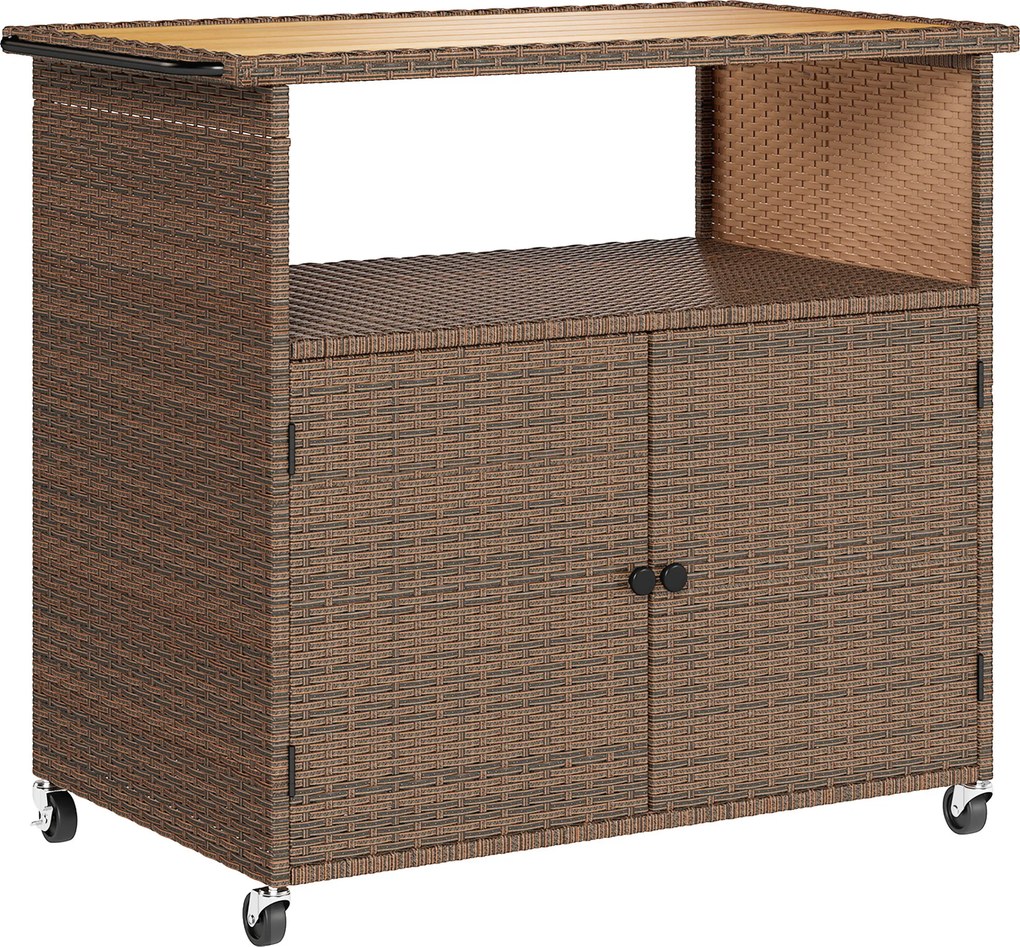 Outsunny Carrinho de Serviço em Rattan com Tampo de Eucalipto FSC, Prateleira, Rodas e Pegador Lateral 95 x 54 x 84 cm | Aosom Portugal