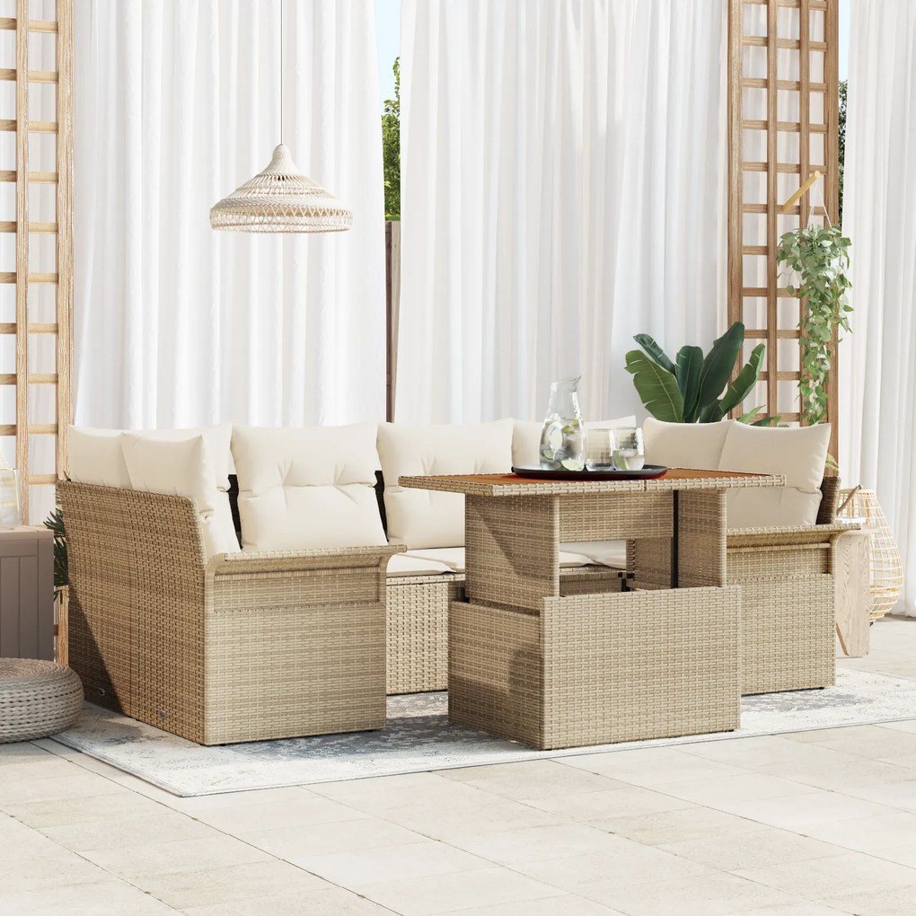 Conjunto de Sofás para Jardim vidaXL 7 Peças com Almofadas Bege em Rattan Poliéster