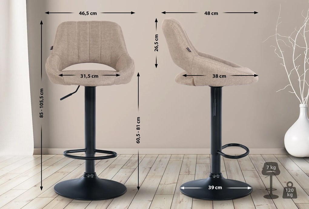 Banco de bar Milet em tecido e com estrutura preta 46,5 x 85-105,5 x 48 cm Castanho acinzentado
