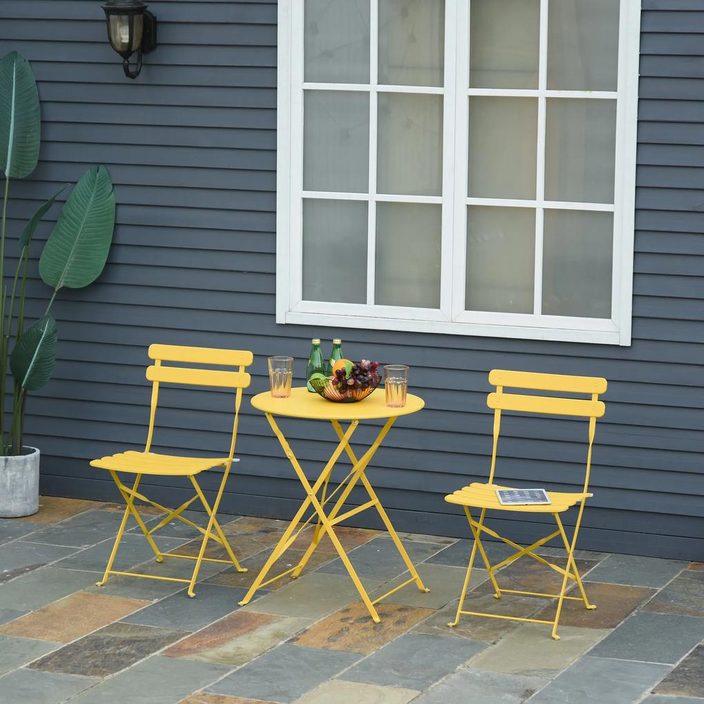 Outsunny Conjunto de móveis de jardim dobrável de 3 peças Mesa de metal e 2 cadeiras Ø60x71 cm amarelo