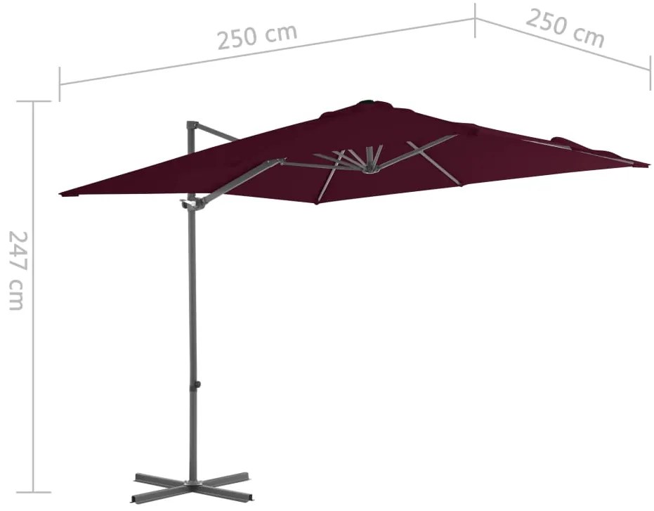Guarda-sol de jardim cantilever c/ poste de aço 250x250cm bordô