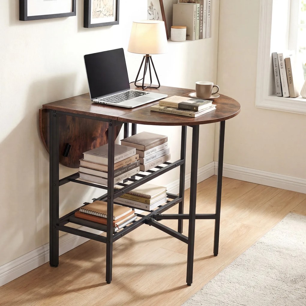 Mesa de jantar extensível e dobrável com 2 extensões rebatíveis 110 x 70 x 76 cm, 2 prateleiras de arrumação e Estrutura metálica para espaços pequeno