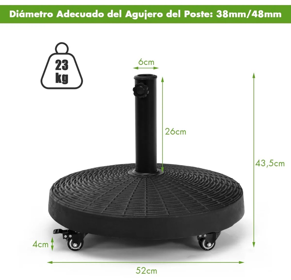 Base para guarda-sol de 43,5 cm em resina, carga 23 kg com rodas bloqueáveis, orifício ajustável para poste, design em rattan Preto