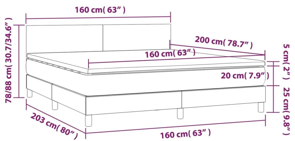 Cama box spring c/ colchão e LED 160x200 cm tecido cinza-claro