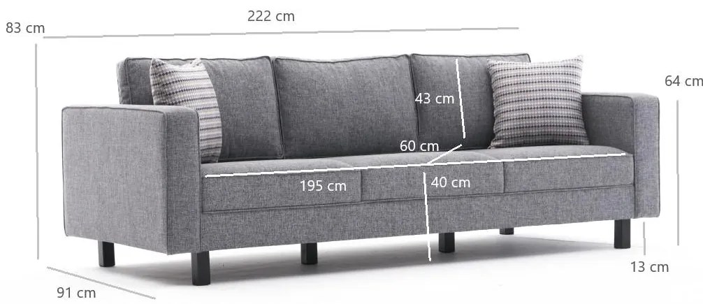 Sofá de 3 Lugares Kale – Cinzento – 222 x 83 x 91 cm