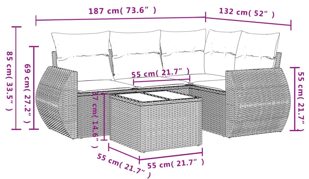 5 pcs conjunto de sofás p/ jardim com almofadões vime PE bege