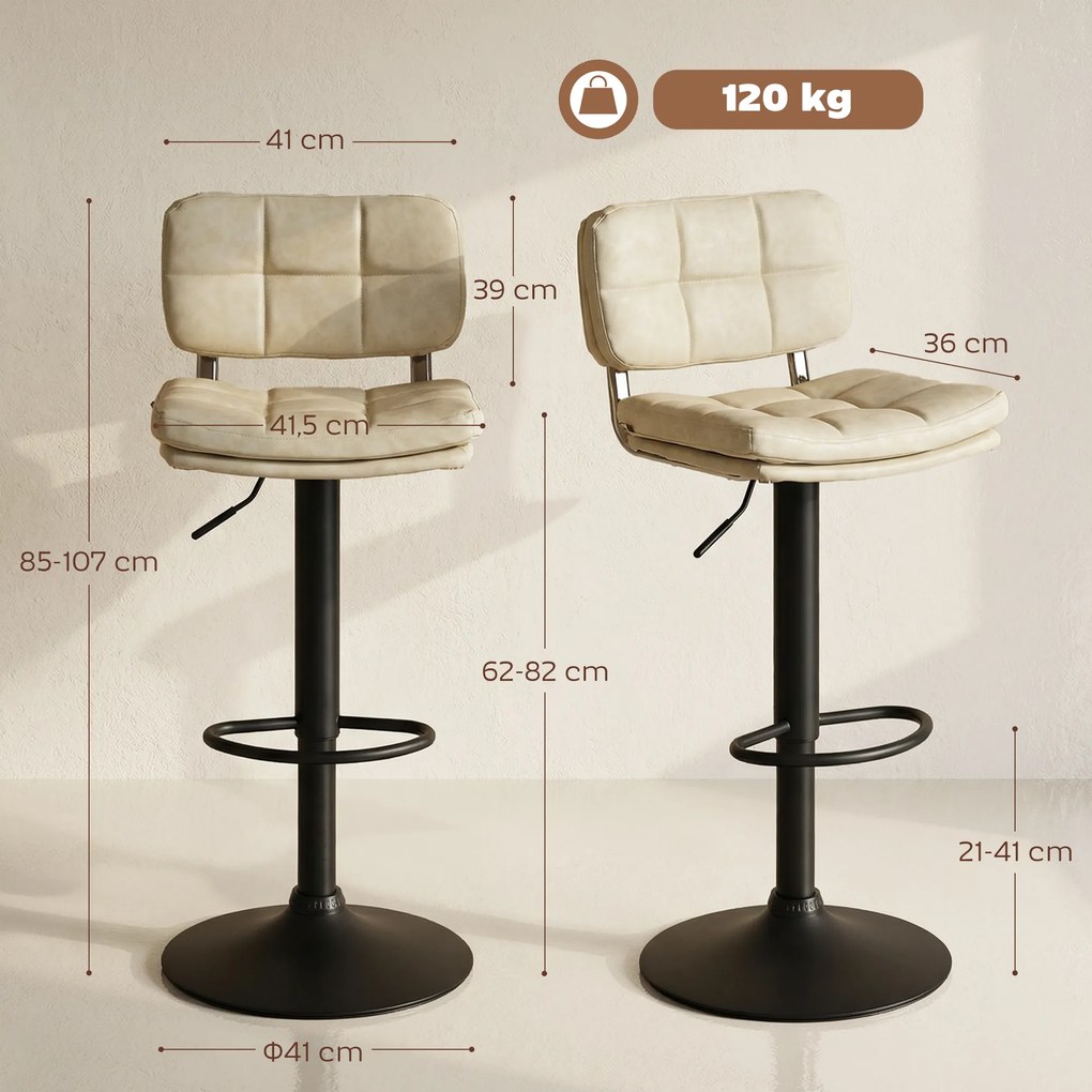 Conjunto de 2 bancos de bar vintage estofados — giratórios, ajustáveis — com apoio para os pés — revestimento sintético em tom creme
