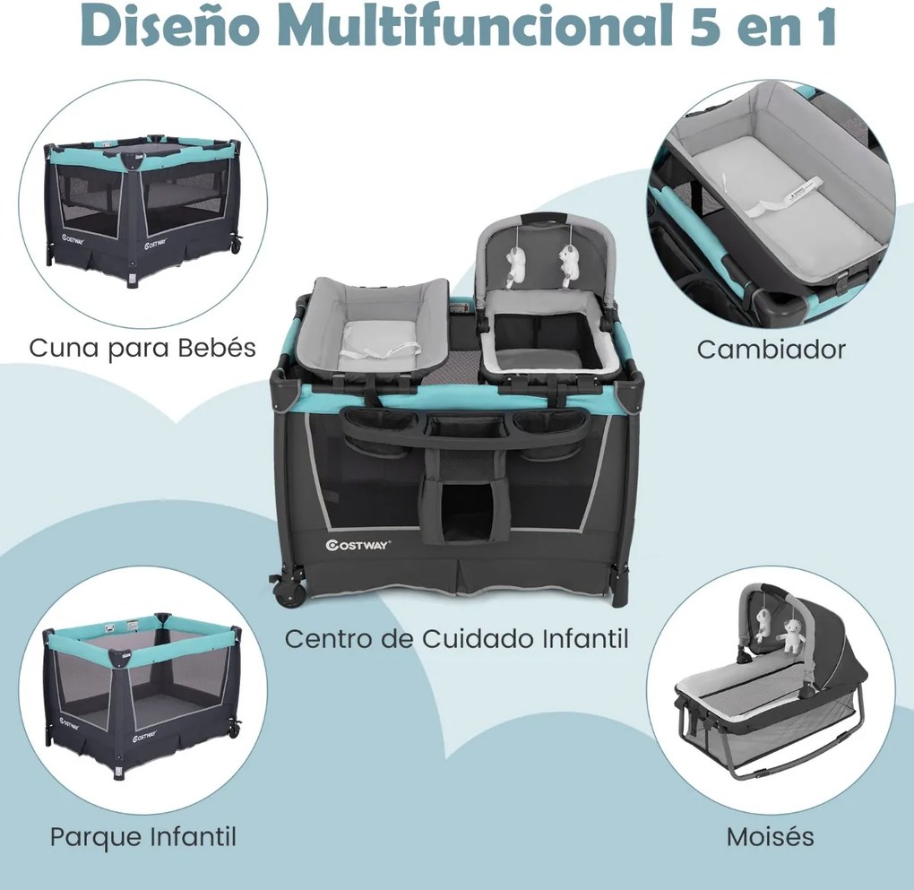 Berço dobrável 5 em 1 com berço removível 103 x 74 x 73 cm, trocador e bolsa de transporte com rodas Centro de cuidados portátil cinza + verde