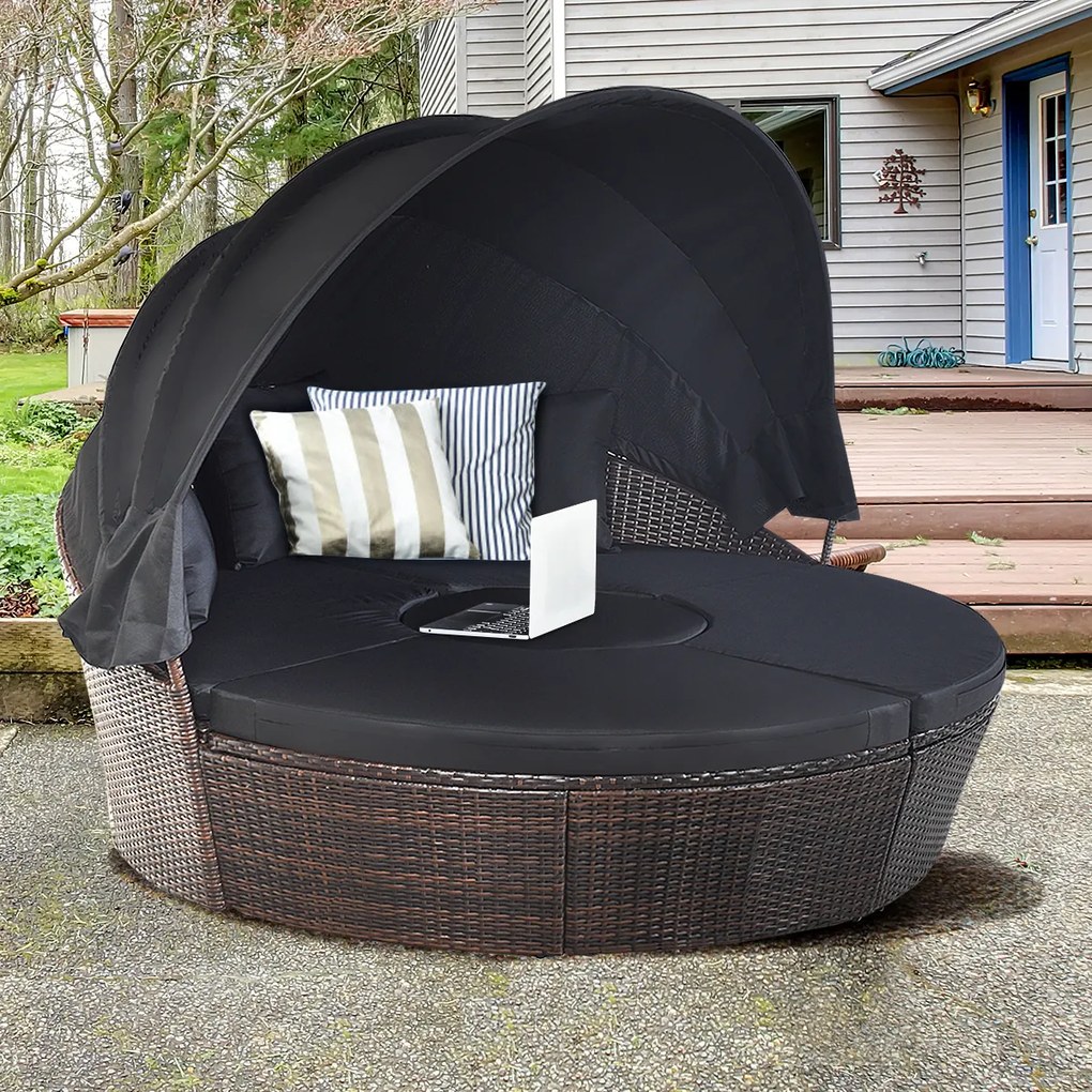 Cama de jardim redonda com Toldo retrátil Assentos separados Almofadas de vime de rattan Mesa de café Jardim Pátio castanho e Preto