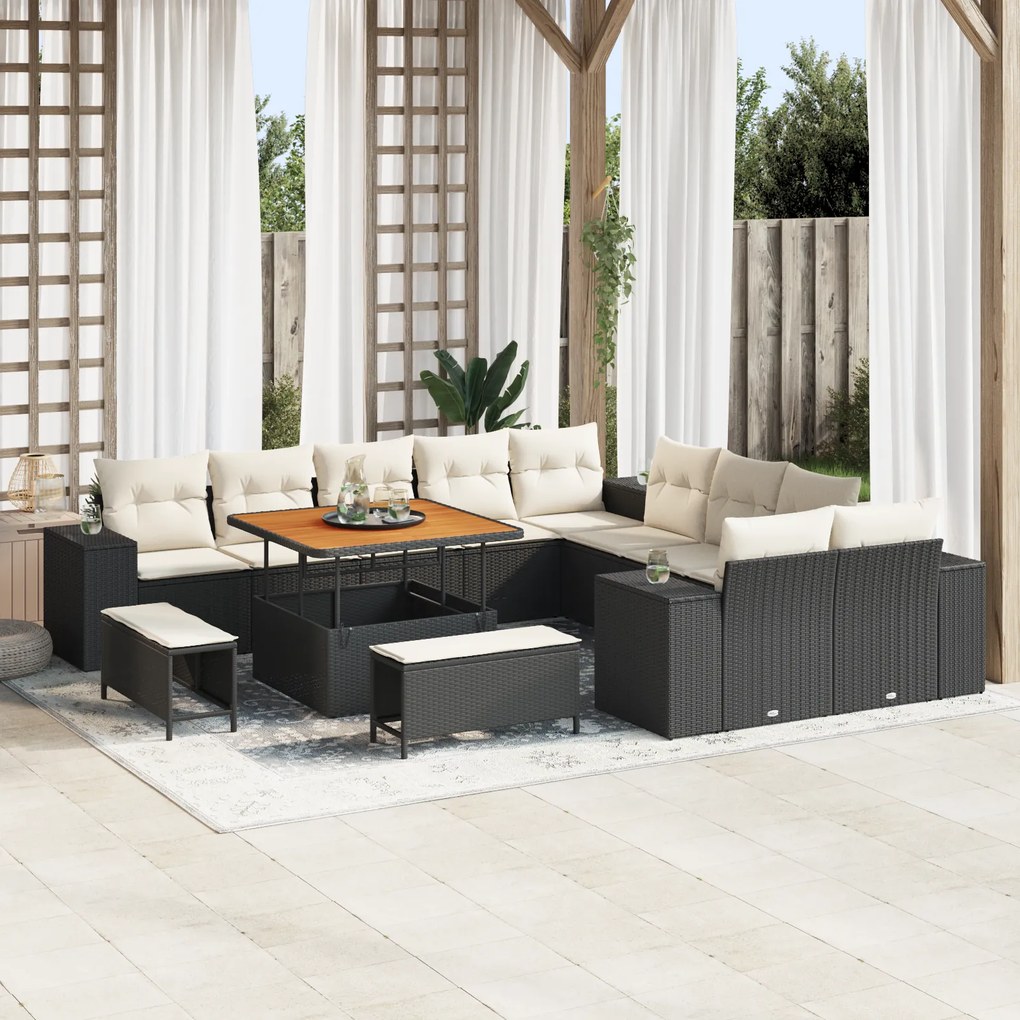 Conjunto de Sofá de Jardim vidaXL de 13 Peças com Almofadas Preto Ratt