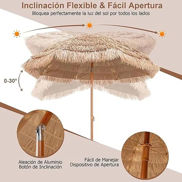 Guarda-sol Ø 220 cm havaiano em palha Plastico PP (BASE NÃO INCLUIDA) com 8 varas e proteção UV natural