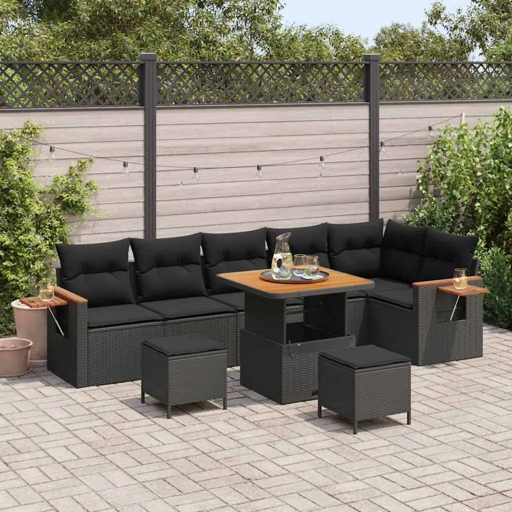Conjunto de Sofá de Jardim vidaXL com 9 Peças e Almofadas Pretas em Rattan PE e Acácia