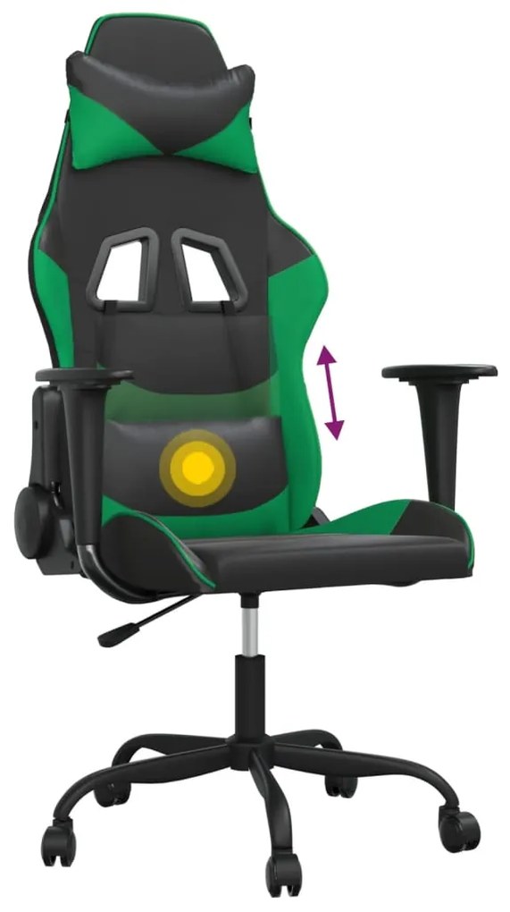 Cadeira gaming massagens couro artificial preto e verde