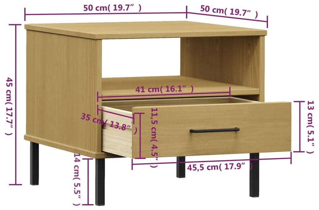 Mesa de cabeceira c/ pernas de metal OSLO pinho maciço castanho