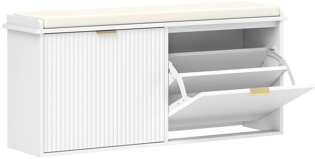 Banco Sapateira Móvel Sapateira Estreito com Assento Estofado 2 Caixas Rebatível e Painel de Ripas 104x26x47,5 cm Branco