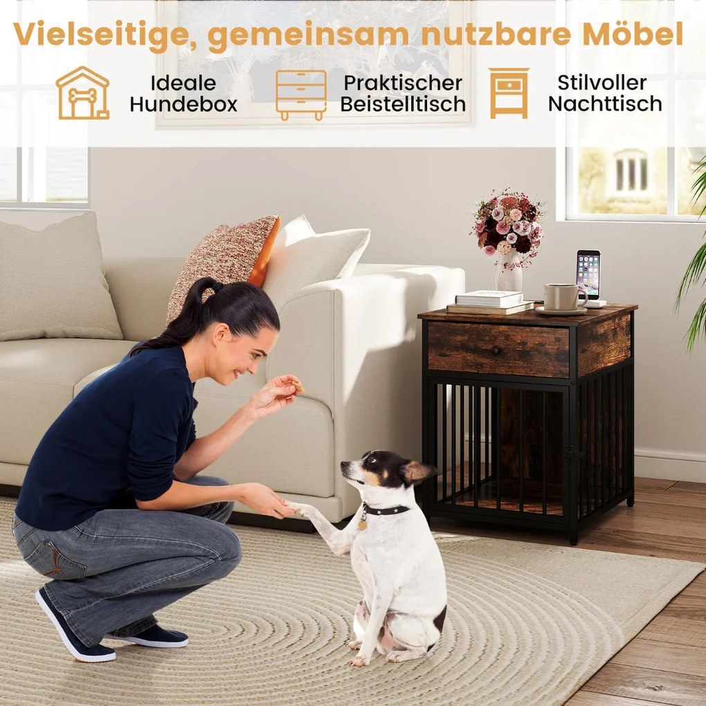 Gaiola para cães Mesa auxiliar para uso doméstico com estação de carregamento, porta, gaveta e tubos de metal castanho