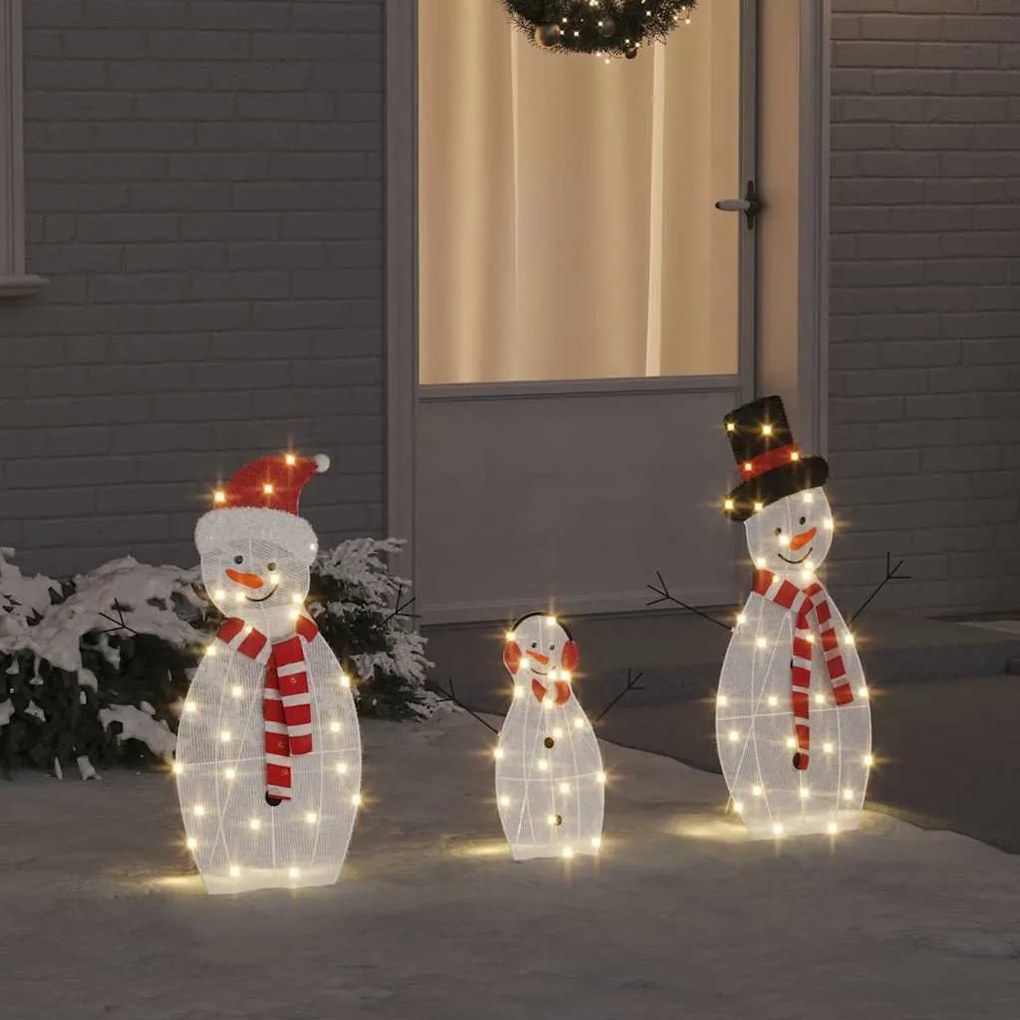 vidaXL Família de Bonecos de Neve Iluminados 3 pcs Branco quente
