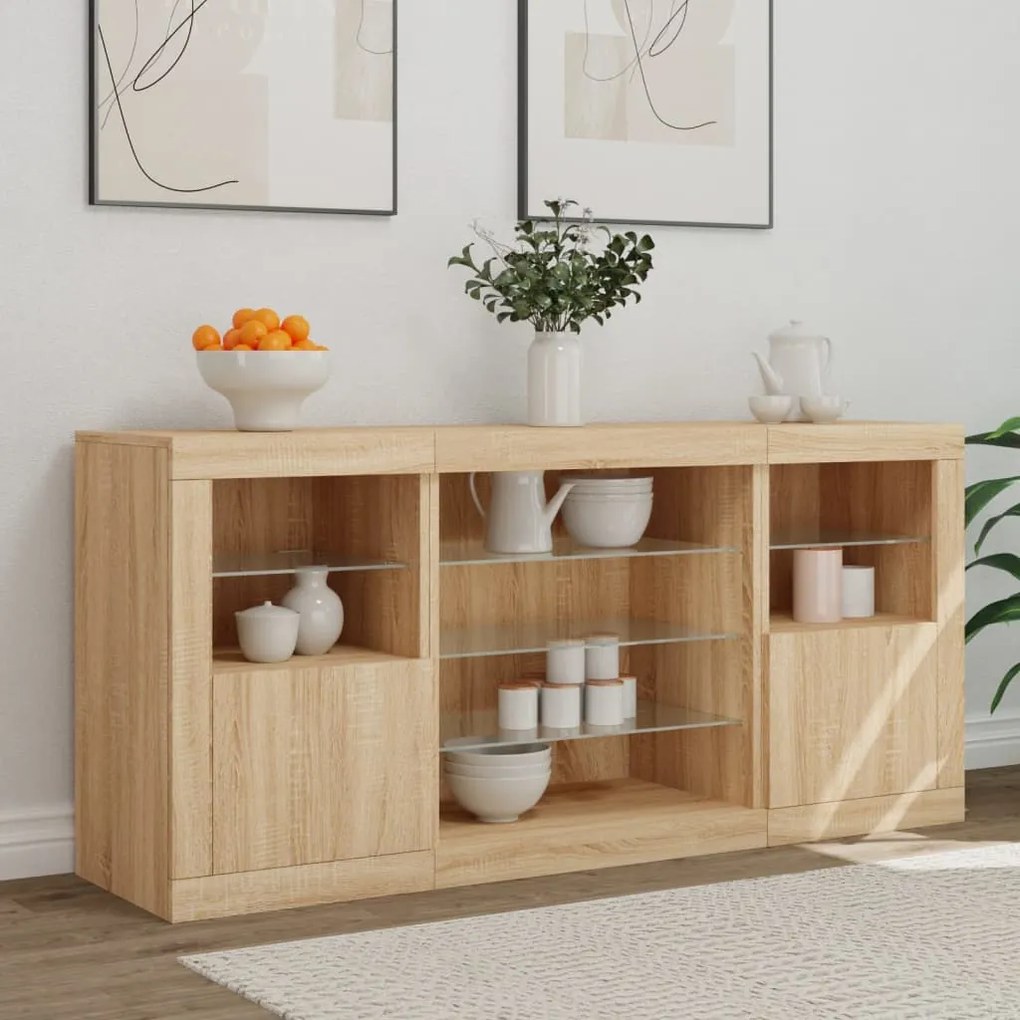 Aparador com luzes LED 142,5x37x67 cm carvalho sonoma