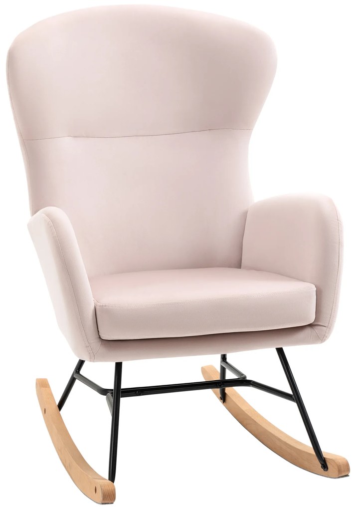 HOMCOM Poltrona Baloiço Estofada em Veludo com Assento Acolchoado Apoio para os Braços e Pés de Madeira de Faia 65x87x102cm Rosa