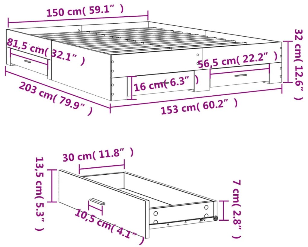Estrutura de cama c/ gavetas 150x200cm derivados madeira branco
