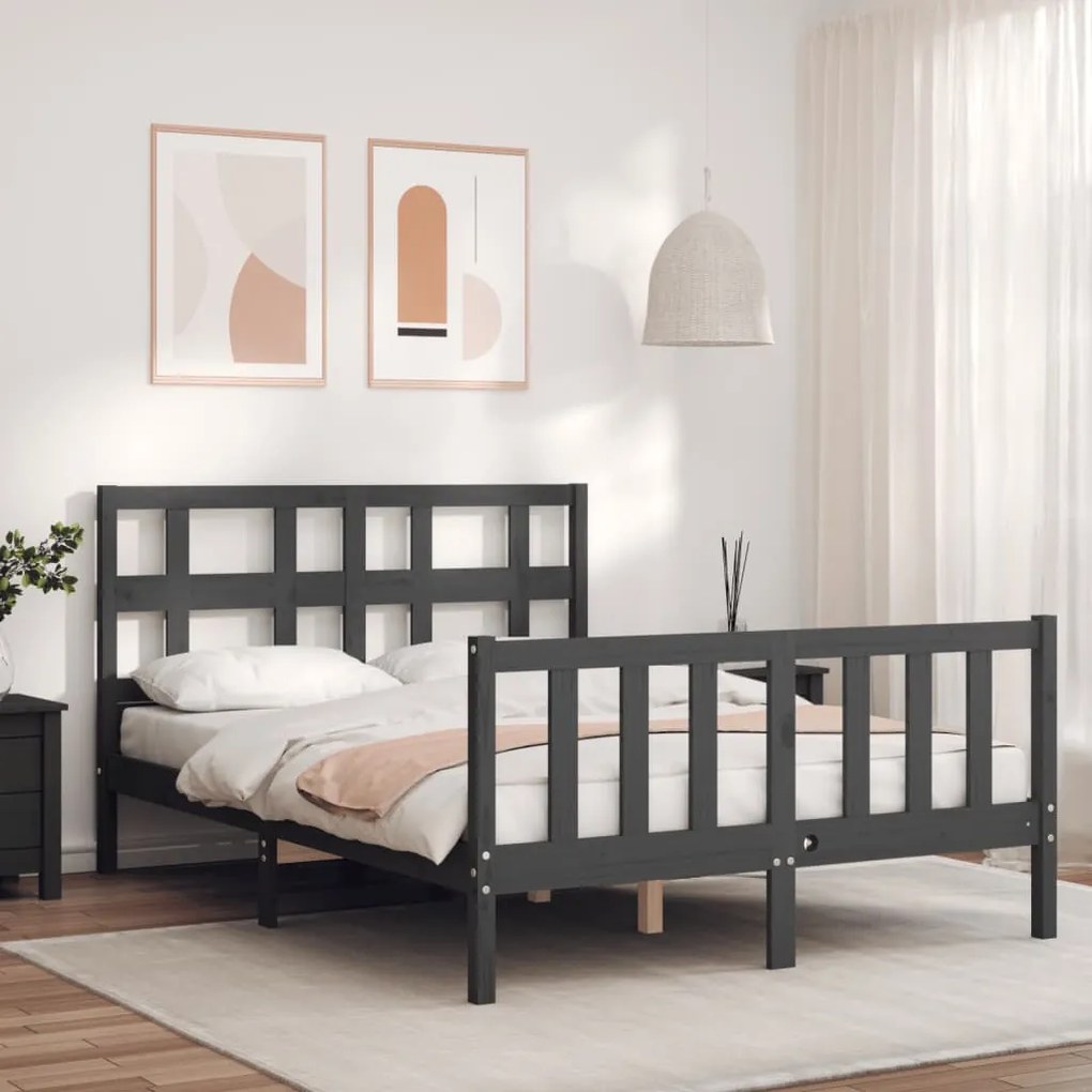 Estrutura de cama de casal com cabeceira madeira maciça cinza