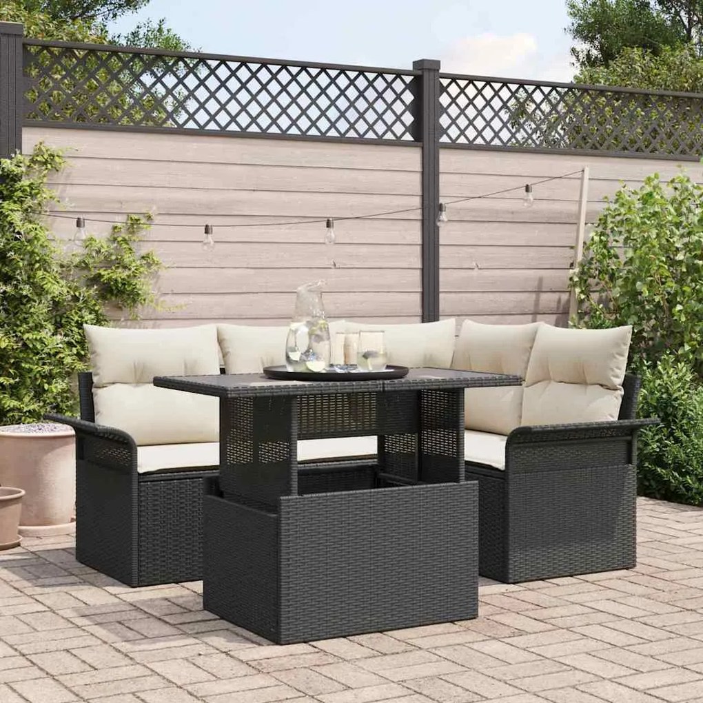 Conjunto de Sofá de 5 Peças com Almofadas Rattan Poliéster Preto