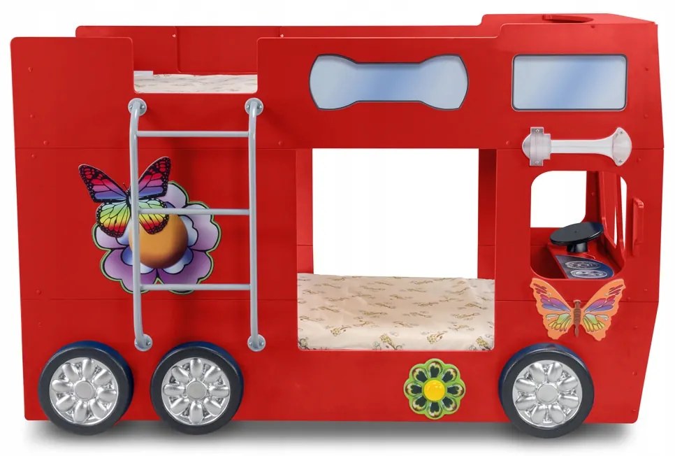 Cama para criança Beliche Autocarro 207 x 116 x 150 cm com Luzes LED 2 colchões e estrados incluídos, capacidade de 100 kg Vermelho