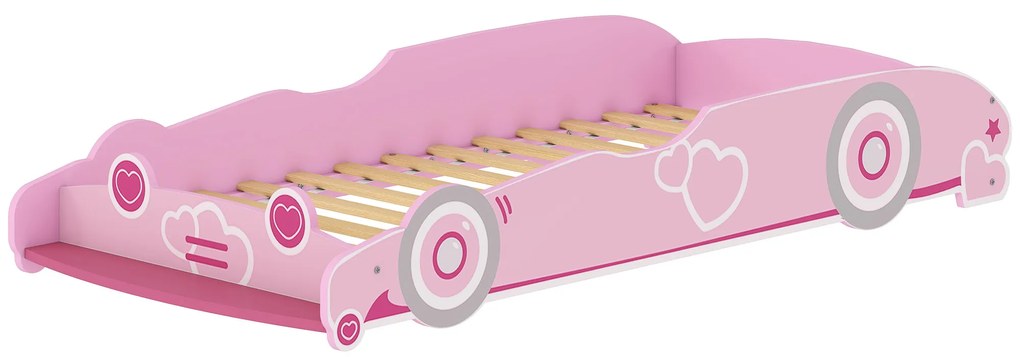 AIYAPLAY Cama Infantil 70x140 cm em Forma de Carro com Barreira de Proteção e Estrado para Crianças de 3-5 Anos Rosa | Aosom Portugal